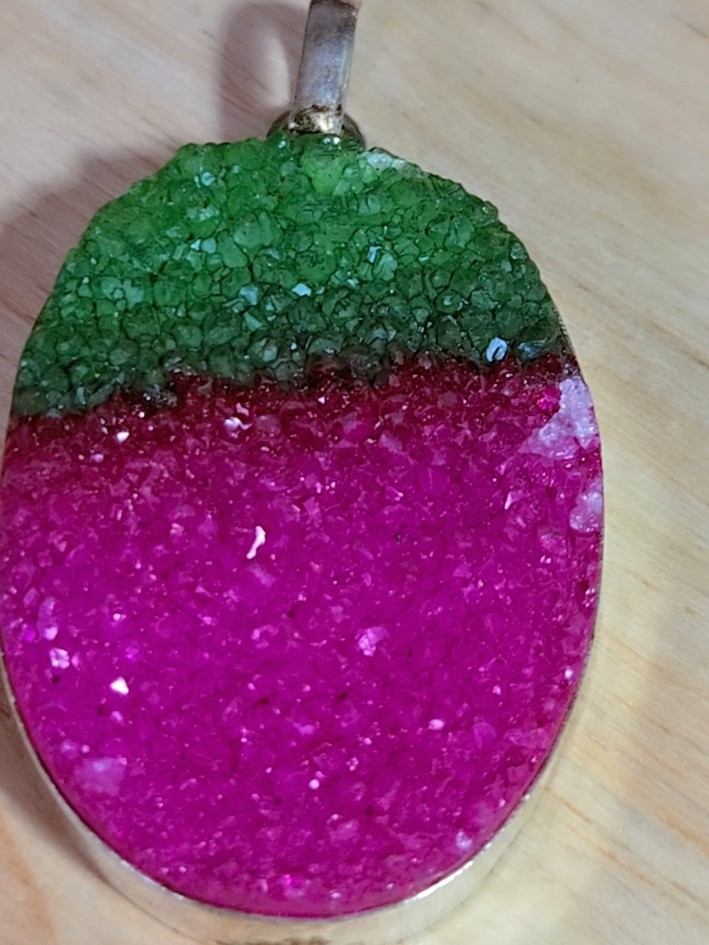Green and Pink Watermelon Crystal Druzy Oval Pendant In 925 Silver - Picture 13 of 15